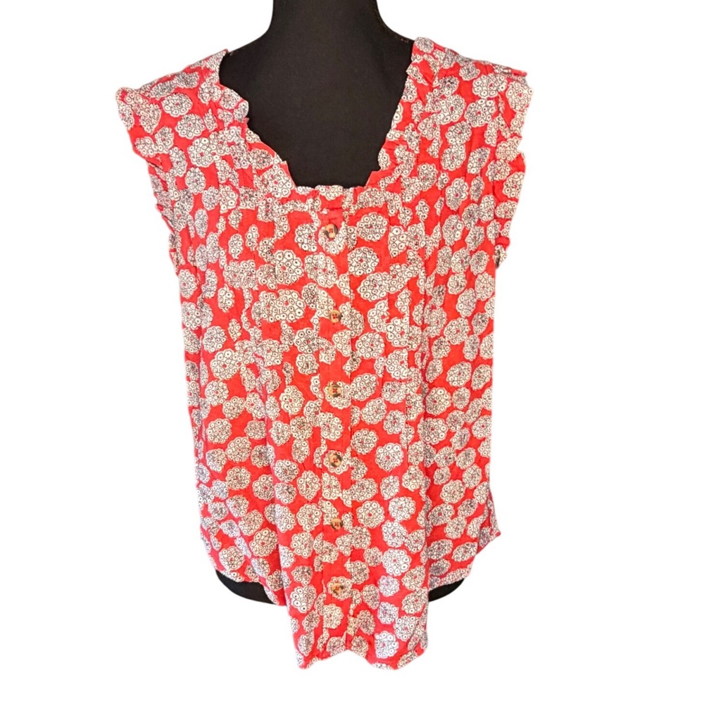Maeve Anthropologie Red Floral‎ Pom Pom Trim Button Front Pintuck Blouse Size 6